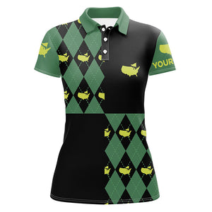 Womens golf polos shirts custom green and black argyle pattern golf tops for ladies NQS7202