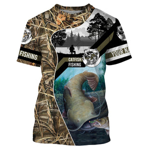 Flathead Catfish Fishing Camo Customize Name All Over Printed Shirts Personalized Fishing Gift For Adult And Kid NQS386
