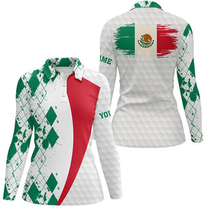 Womens golf polos shirts custom Mexico flag green argyle pattern white golf ball womens tops NQS6472