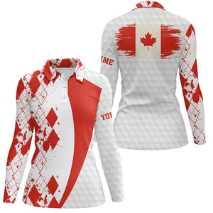 Womens golf polos shirts custom Canadian flag red argyle pattern white golf ball womens tops NQS6473