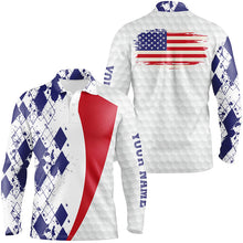 Load image into Gallery viewer, Mens golf polos shirts custom American flag blue argyle pattern white golf ball men&#39;s golf shirts NQS6474