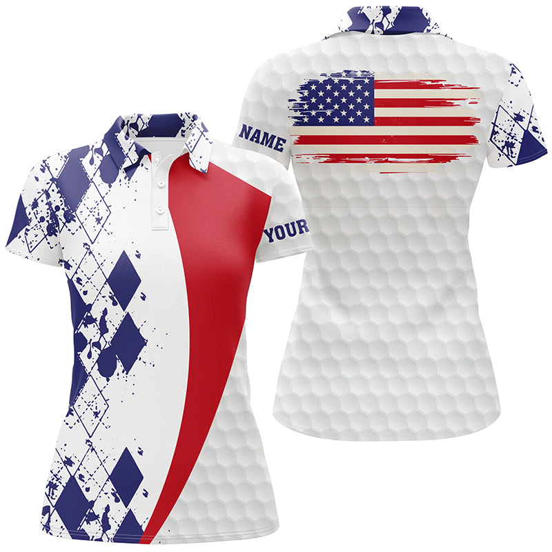 Womens golf polos shirts custom American flag red white blue argyle pattern white golf ball womens top NQS6474