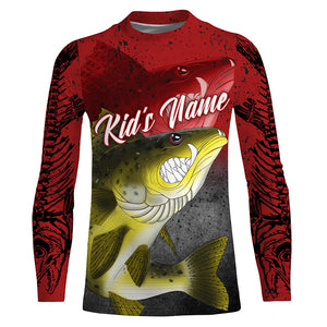 Angry Walleye Fish Skeleton fish reaper fishing Custom name walleye long sleeves fishing shirts | Red NQS4214