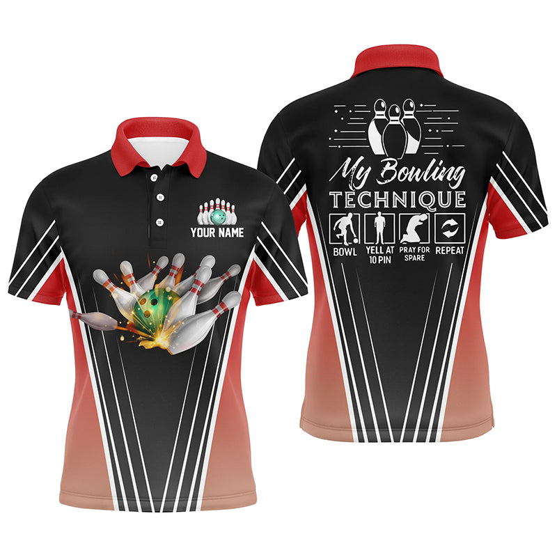 Funny Men's bowling polo shirts custom name My bowling technique, team bowlers jersey | Red NQS4814