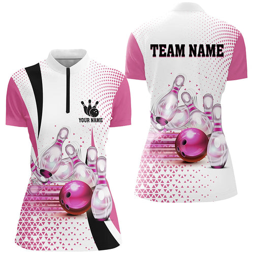 Women bowling Quarter Zip shirt Custom bowling ball pins bowling team shirts, gifts for bowlers | Pink NQS7211