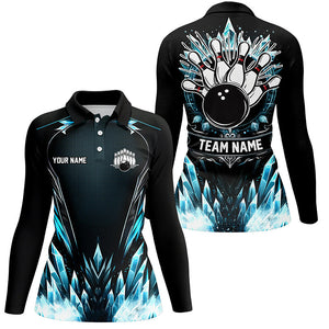 Icy Blue Light Women bowling polo shirt Custom black team bowling jerseys for ladies, gift for bowlers NQS7212