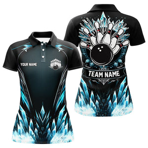 Icy Blue Light Women bowling polo shirt Custom black team bowling jerseys for ladies, gift for bowlers NQS7212