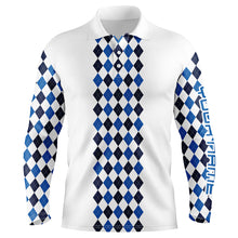 Load image into Gallery viewer, Personalized golf polo shirts for men blue pattern white long sleeve golf shirts gifts NQS3365