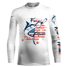 Load image into Gallery viewer, Marlin fishing American flag patriot 4th July Customize name long sleeves UV protection fishing shirts NQS2032