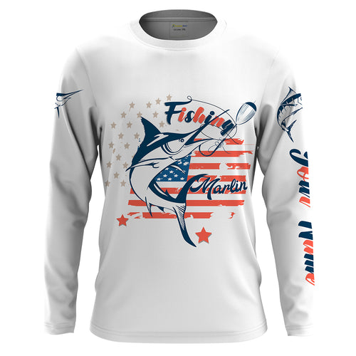 Marlin fishing American flag patriot 4th July Customize name long sleeves UV protection fishing shirts NQS2032