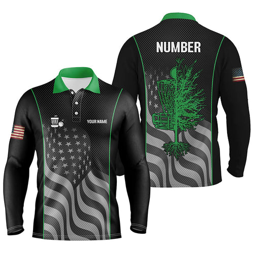 Green black American flag Mens disc golf polo shirt custom name, number patriotic disc golf jersey NQS6250