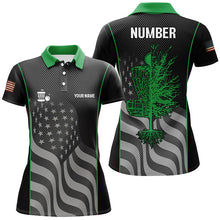 Load image into Gallery viewer, Green black American flag Womens disc golf polo shirt custom name, number patriotic disc golf jersey NQS6250