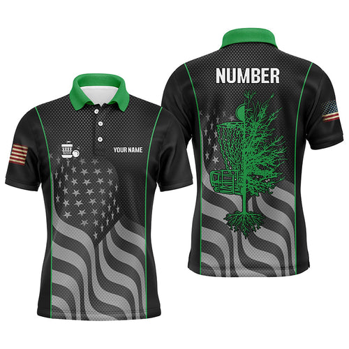 Green black American flag Mens disc golf polo shirt custom name, number patriotic disc golf jersey NQS6250