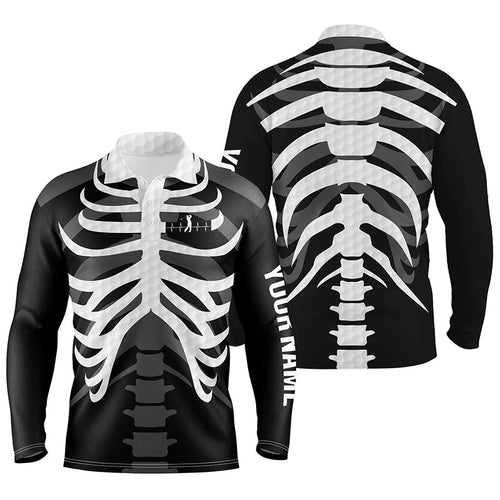 Black and white Mens golf polo shirts custom golf heartbeat Skeleton Halloween golf attire for men NQS6254