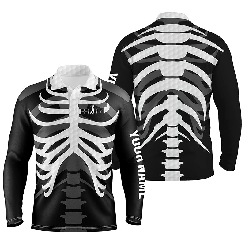 Black and white Mens golf polo shirts custom golf heartbeat Skeleton Halloween golf attire for men NQS6254
