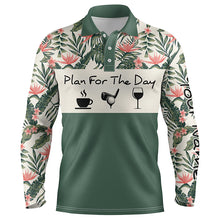 Load image into Gallery viewer, Mens golf polo shirt plan for the day coffee golf wine custom name tropical green leaves golf shirt NQS3998