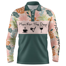 Load image into Gallery viewer, Mens golf polo shirt plan for the day coffee golf wine custom name tropical leaves floral golf shirt NQS3999