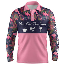 Load image into Gallery viewer, Mens golf polo shirt plan for the day coffee golf wine custom pink flamingo and palm leaves golf shirt NQS4001