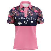 Load image into Gallery viewer, Mens golf polo shirt plan for the day coffee golf wine custom pink flamingo and palm leaves golf shirt NQS4001