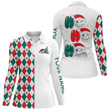 Load image into Gallery viewer, Christmas golf ball Ho Ho Ho Womens golf polo shirt custom red, white, green argyle pattern golf gift NQS6725