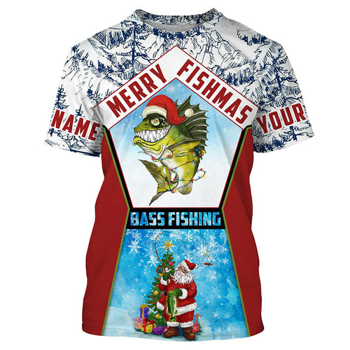 Merry fishmas Bass Fishing custom name sun protection long sleeve fishing shirts, Santa fishing jersey NQS4455