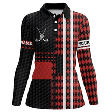 Load image into Gallery viewer, Black and red argyle pattern Womens golf polo shirt custom name golfing gifts, ladies golf tops NQS7089