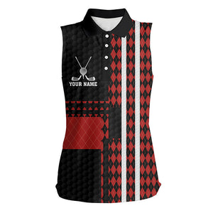 Black and red argyle pattern Womens sleeveless golf polo shirt custom golfing gifts, ladies golf tops NQS7089