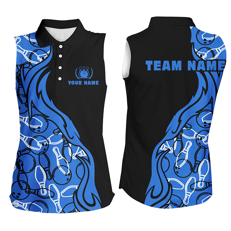 Custom Black blue sleeveless bowling shirt for women – personalized team jersey front view