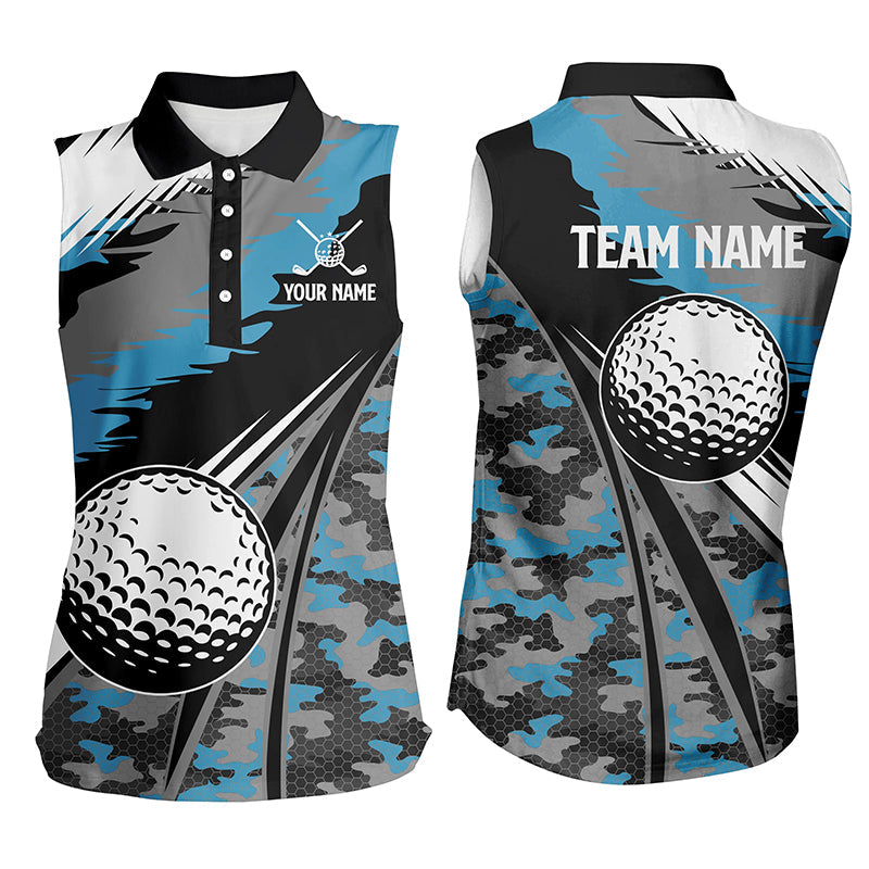 Women sleeveless polo shirt custom blue camo golf ball golf attire for women, golf gifts for ladies NQS6255