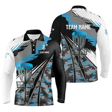 Load image into Gallery viewer, Mens disc golf polo shirts custom blue camo disc golf basket disco golf outfit, team disc golf apparel NQS6256