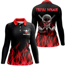 Load image into Gallery viewer, Black Womens golf polo shirt custom red flame skull golf clubs, personalized golf gifts for women NQS6258