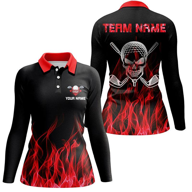 Black Womens golf polo shirt custom red flame skull golf clubs, personalized golf gifts for women NQS6258