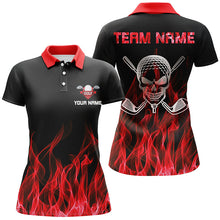 Load image into Gallery viewer, Black Womens golf polo shirt custom red flame skull golf clubs, personalized golf gifts for women NQS6258