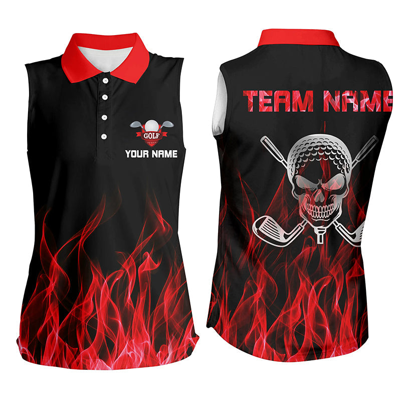 Black Women sleeveless polo shirt custom red flame skull golf clubs, personalized golf gifts for women NQS6258