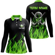 Load image into Gallery viewer, Black Womens golf polo shirt custom green flame skull golf clubs, personalized golf gifts for women NQS6259