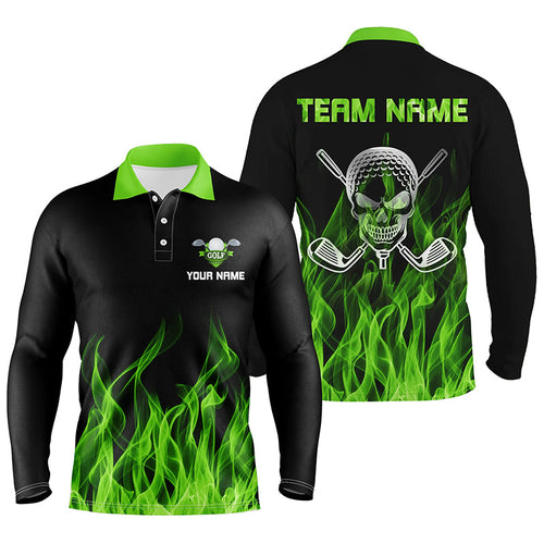 Black Mens golf polo shirts custom green flame skull golf clubs, personalized golf gifts for men NQS6259