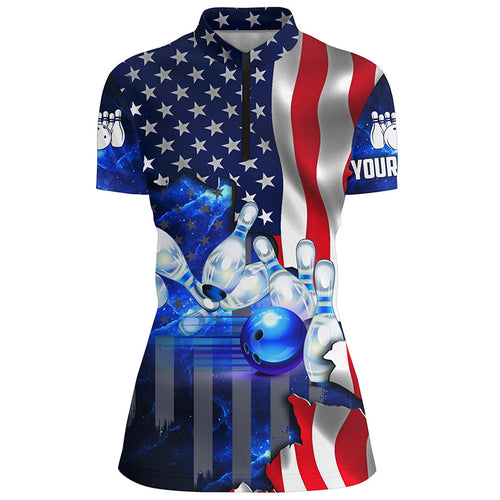 American flag blue galaxy Custom Bowling Quarter Zip Shirts For Women patriotic Team League Jerseys NQS6731