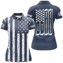 Load image into Gallery viewer, White American flag golf clubs Womens golf polo shirt custom patriotic ladies golfing attire | Navy NQS6737