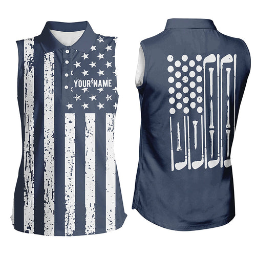 American flag golf clubs Womens sleeveless golf polos custom patriotic ladies golfing attire | Navy NQS6737