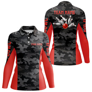 Women bowling polo shirts Custom gray camo Bowling Team Jersey, Bowling Team League Shirt | Red NQS7094