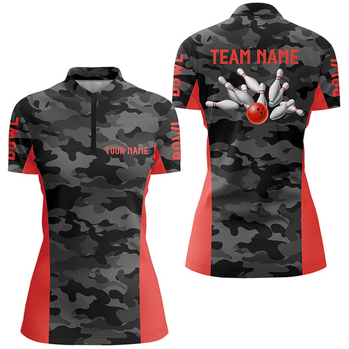 Womens Quarter Zip shirts Custom gray camo Bowling Team Jersey, Bowling Team League Shirt | Red NQS7094