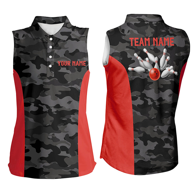 Women sleeveless polo shirts Custom gray camo Bowling Team Jersey, Bowling Team League Shirt | Red NQS7094