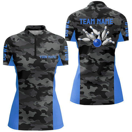 Womens Quarter Zip shirts Custom gray camo Bowling Team Jersey, Bowling Team League Shirt | Blue NQS7095