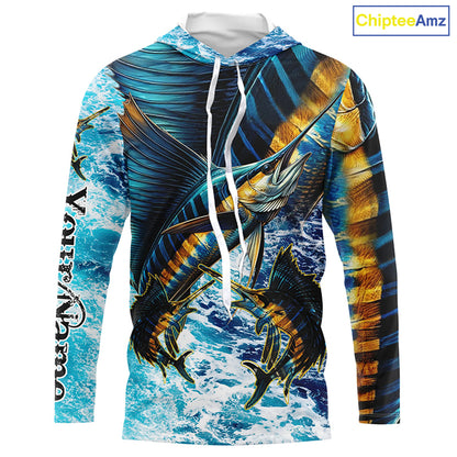 Sailfish fishing scales blue sea water camo Custom UV protection performance long sleeve fishing shirt NQS7097