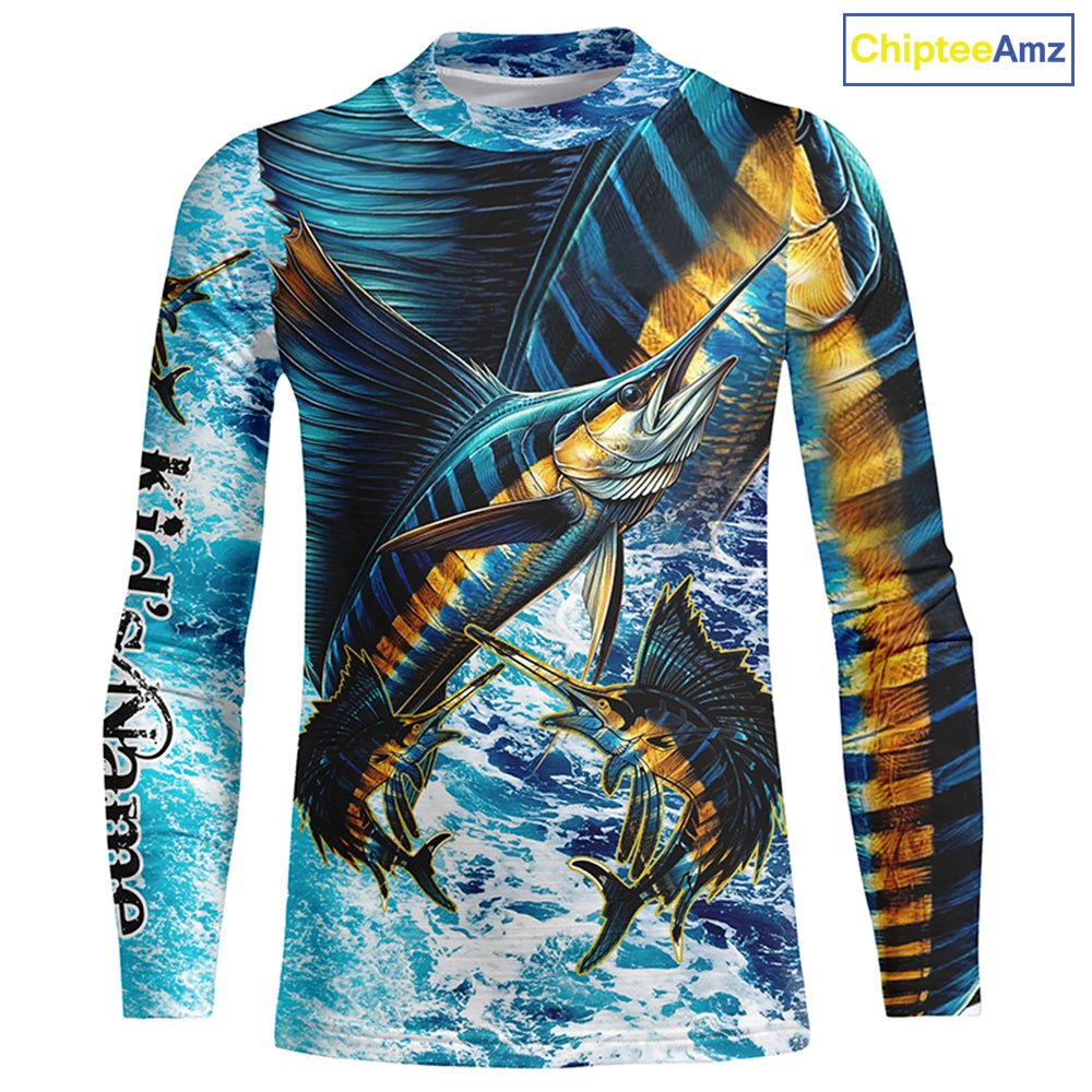 Sailfish fishing scales blue sea water camo Custom UV protection performance long sleeve fishing shirt NQS7097
