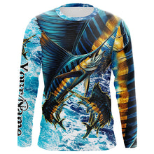 Load image into Gallery viewer, Sailfish fishing scales blue sea water camo Custom UV protection performance long sleeve fishing shirt NQS7097