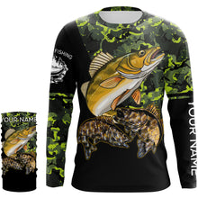 Load image into Gallery viewer, Walleye fishing black green camo personalized custom name sun protection long sleeve fishing shirts NQS3849