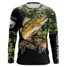 Load image into Gallery viewer, Walleye fishing black green camo personalized custom name sun protection long sleeve fishing shirts NQS3849