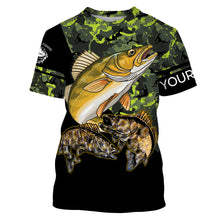 Load image into Gallery viewer, Walleye fishing black green camo personalized custom name sun protection long sleeve fishing shirts NQS3849