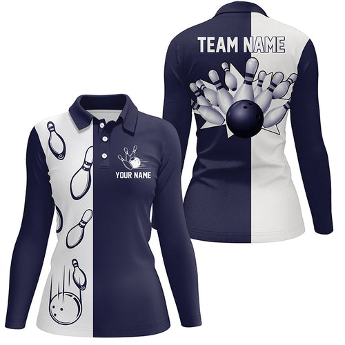 Navy Blue and white retro vintage Bowling polo shirts for women custom Bowling team jerseys NQS6480